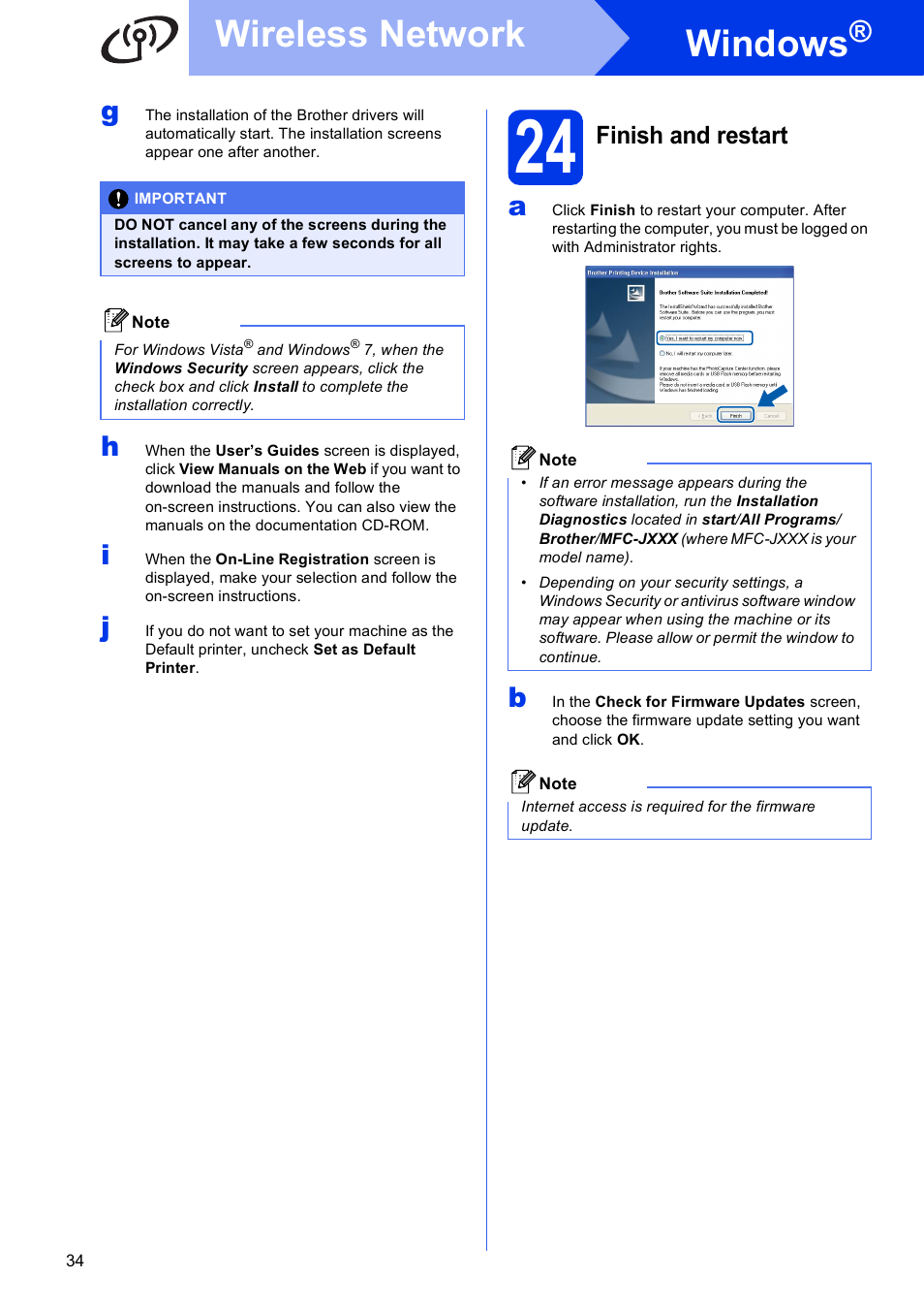 24 finish and restart, Windows, Wireless network | Finish and restart | Brother MFC J6510DW User Manual | Page 34 / 40
