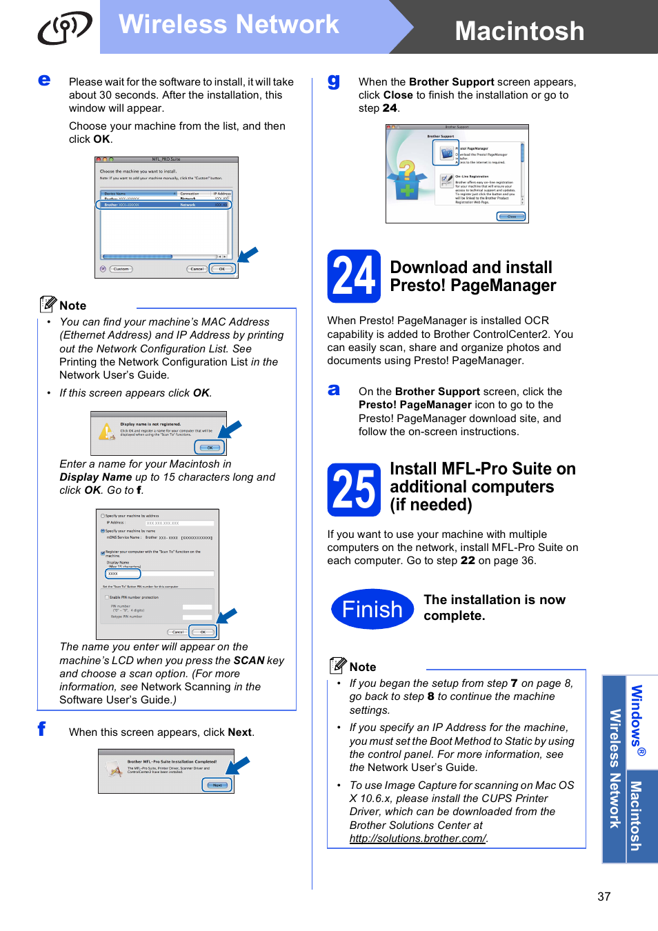 Macintosh wireless network, Finish, Download and install presto! pagemanager | Brother MFC J6510DW User Manual | Page 37 / 40