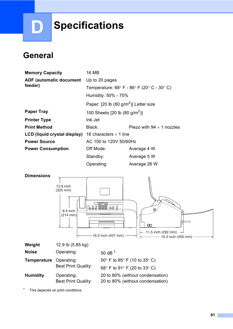 D specifications, General, Specifications | Brother Fax 1360 User Manual | Page 105 / 118