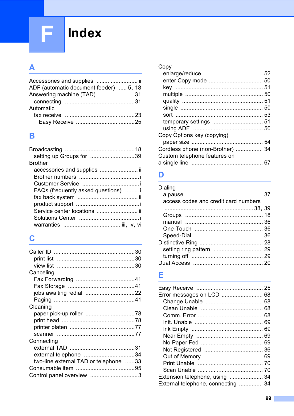 F index, Index | Brother Fax 1360 User Manual | Page 113 / 118