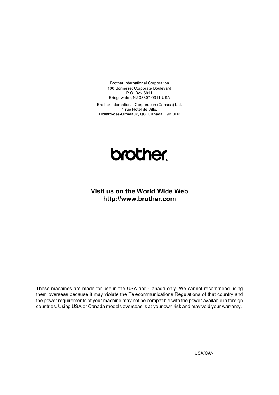 Brother usa/can | Brother Fax 1360 User Manual | Page 118 / 118
