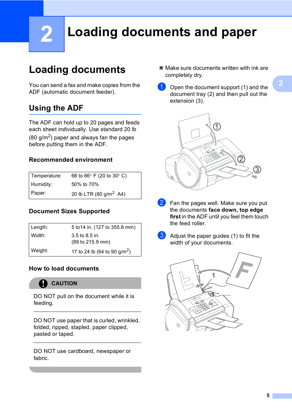 2 loading documents and paper, Loading documents, Using the adf | Recommended environment, Document sizes supported, How to load documents, Loading documents and paper | Brother Fax 1360 User Manual | Page 19 / 118