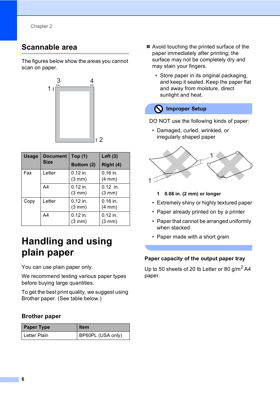 Scannable area, Handling and using plain paper | Brother Fax 1360 User Manual | Page 20 / 118