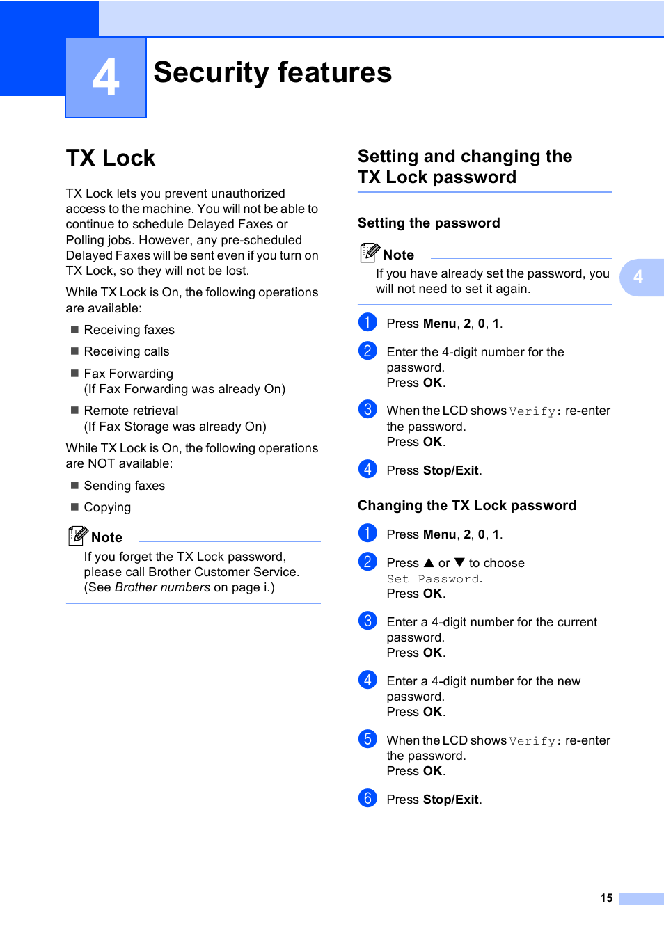 4 security features, Tx lock, Setting and changing the tx lock password | Setting the password, Changing the tx lock password, Security features | Brother Fax 1360 User Manual | Page 29 / 118