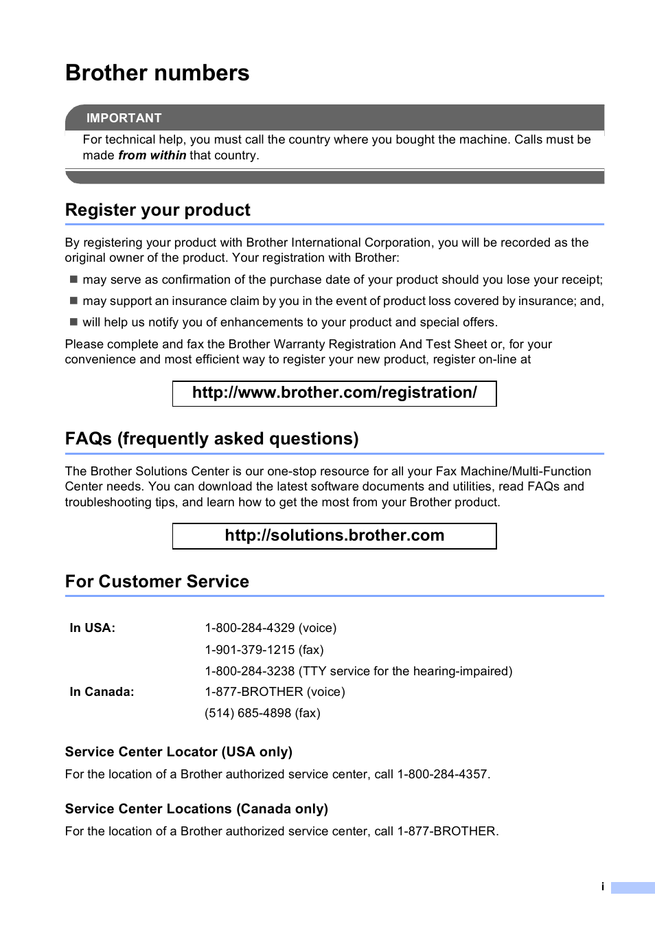 Brother numbers, Register your product, Faqs (frequently asked questions) | For customer service | Brother Fax 1360 User Manual | Page 3 / 118