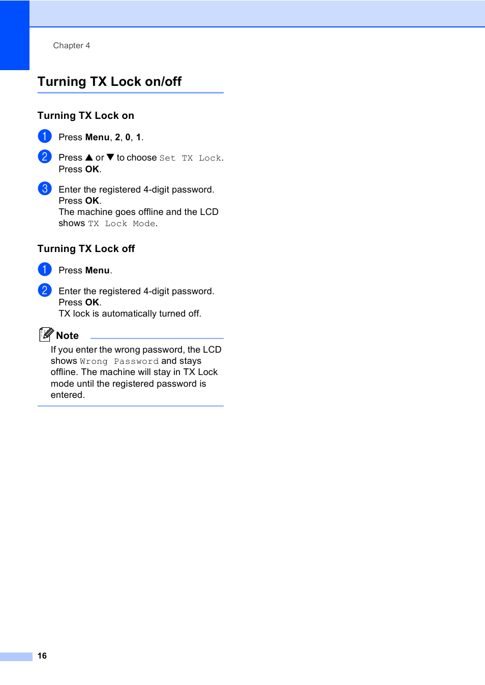 Turning tx lock on/off, Turning tx lock on, Turning tx lock off | Brother Fax 1360 User Manual | Page 30 / 118