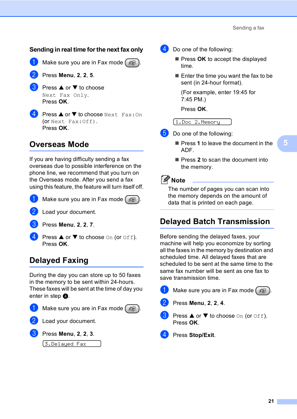 Sending in real time for the next fax only, Overseas mode, Delayed faxing | Delayed batch transmission | Brother Fax 1360 User Manual | Page 35 / 118