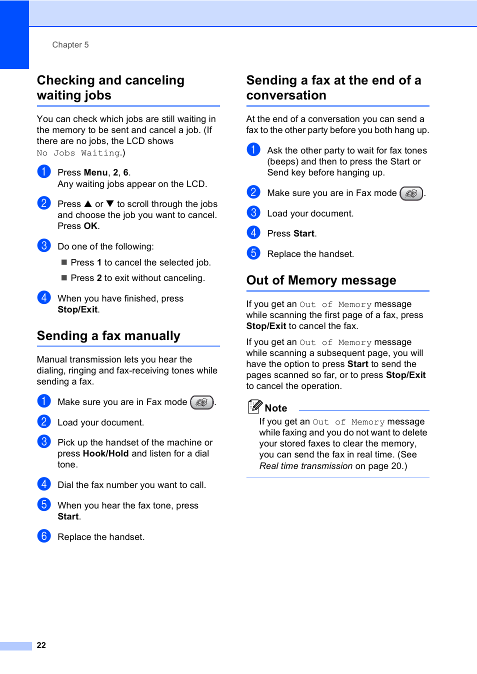 Checking and canceling waiting jobs, Sending a fax manually, Sending a fax at the end of a conversation | Out of memory message | Brother Fax 1360 User Manual | Page 36 / 118