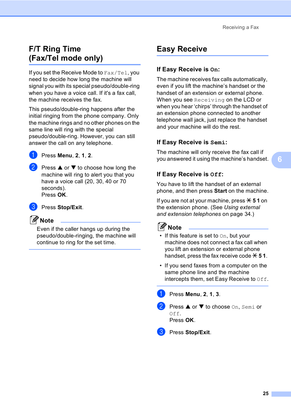 F/t ring time (fax/tel mode only), Easy receive, If easy receive is on | If easy receive is semi, If easy receive is off, F/t ring time (fax/tel mode only) easy receive, 6f/t ring time (fax/tel mode only) | Brother Fax 1360 User Manual | Page 39 / 118