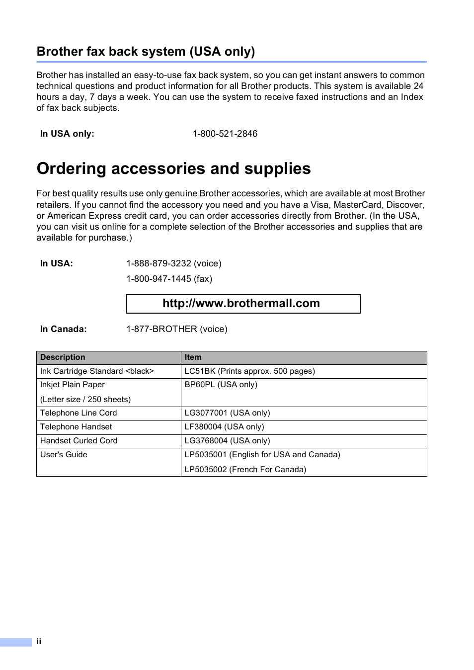 Brother fax back system (usa only), Ordering accessories and supplies | Brother Fax 1360 User Manual | Page 4 / 118