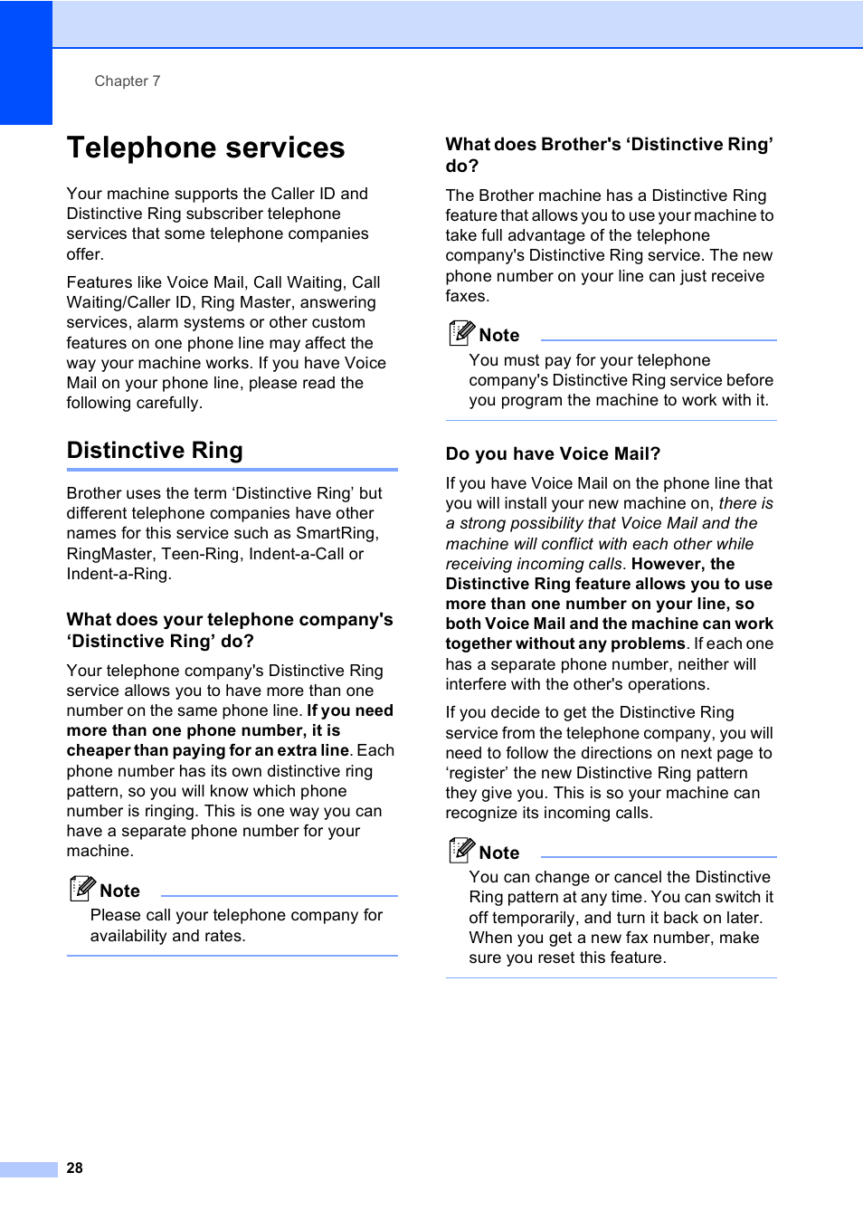 Telephone services, Distinctive ring, What does brother's ‘distinctive ring’ do | Do you have voice mail | Brother Fax 1360 User Manual | Page 42 / 118