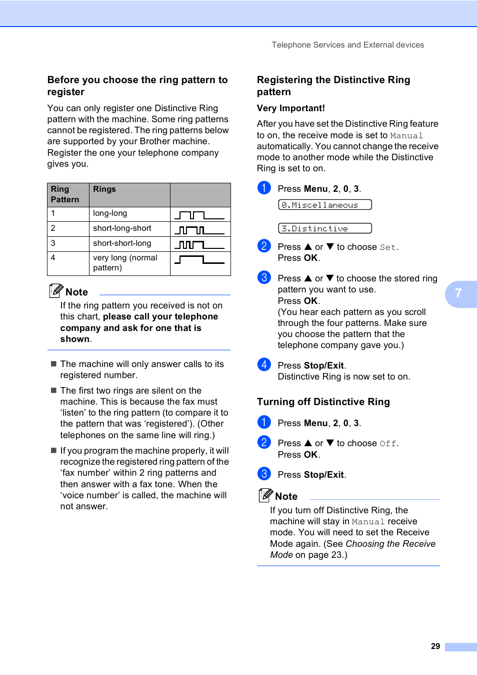 Before you choose the ring pattern to register, Registering the distinctive ring pattern, Turning off distinctive ring | Brother Fax 1360 User Manual | Page 43 / 118