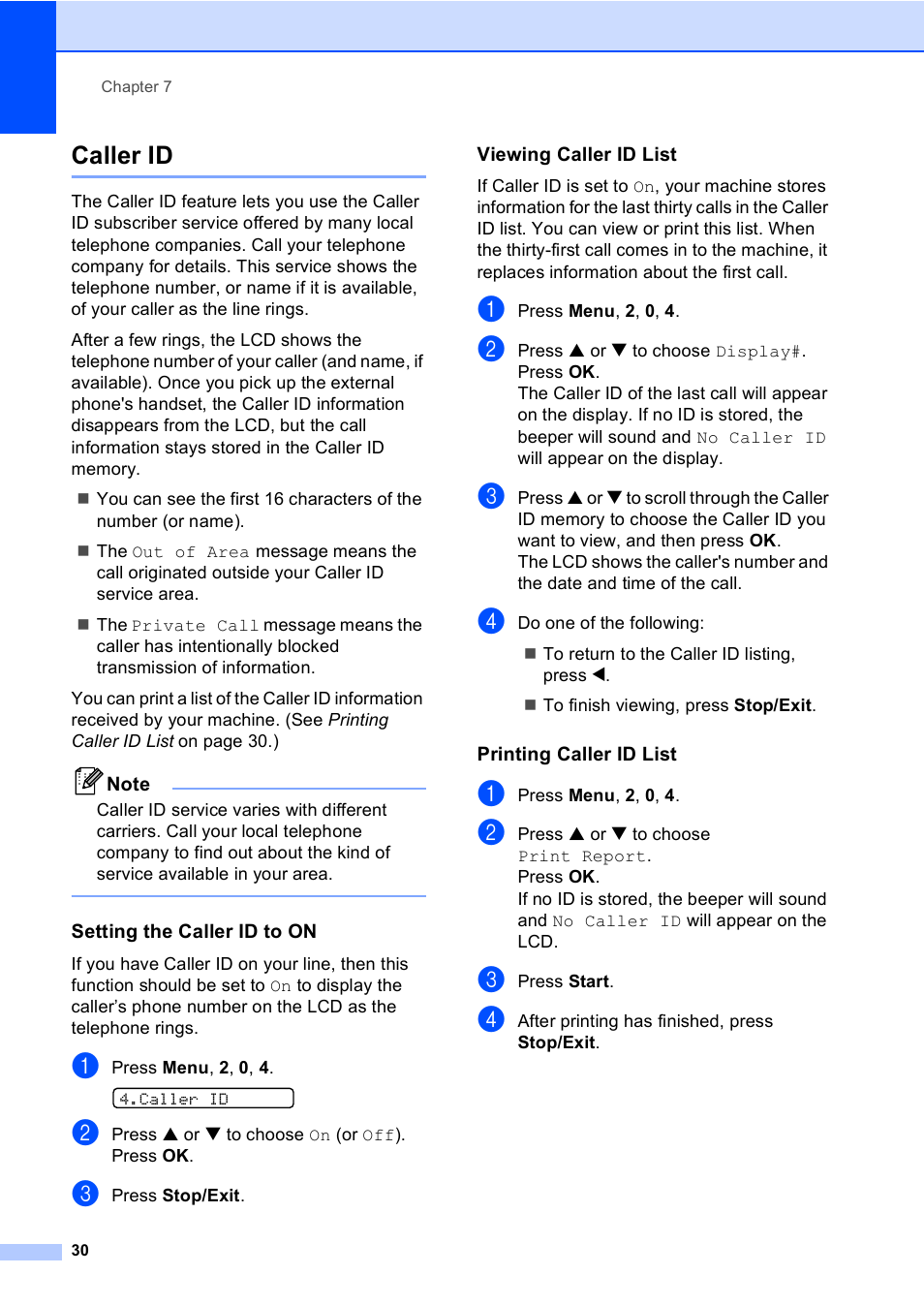 Caller id, Setting the caller id to on, Viewing caller id list | Printing caller id list | Brother Fax 1360 User Manual | Page 44 / 118