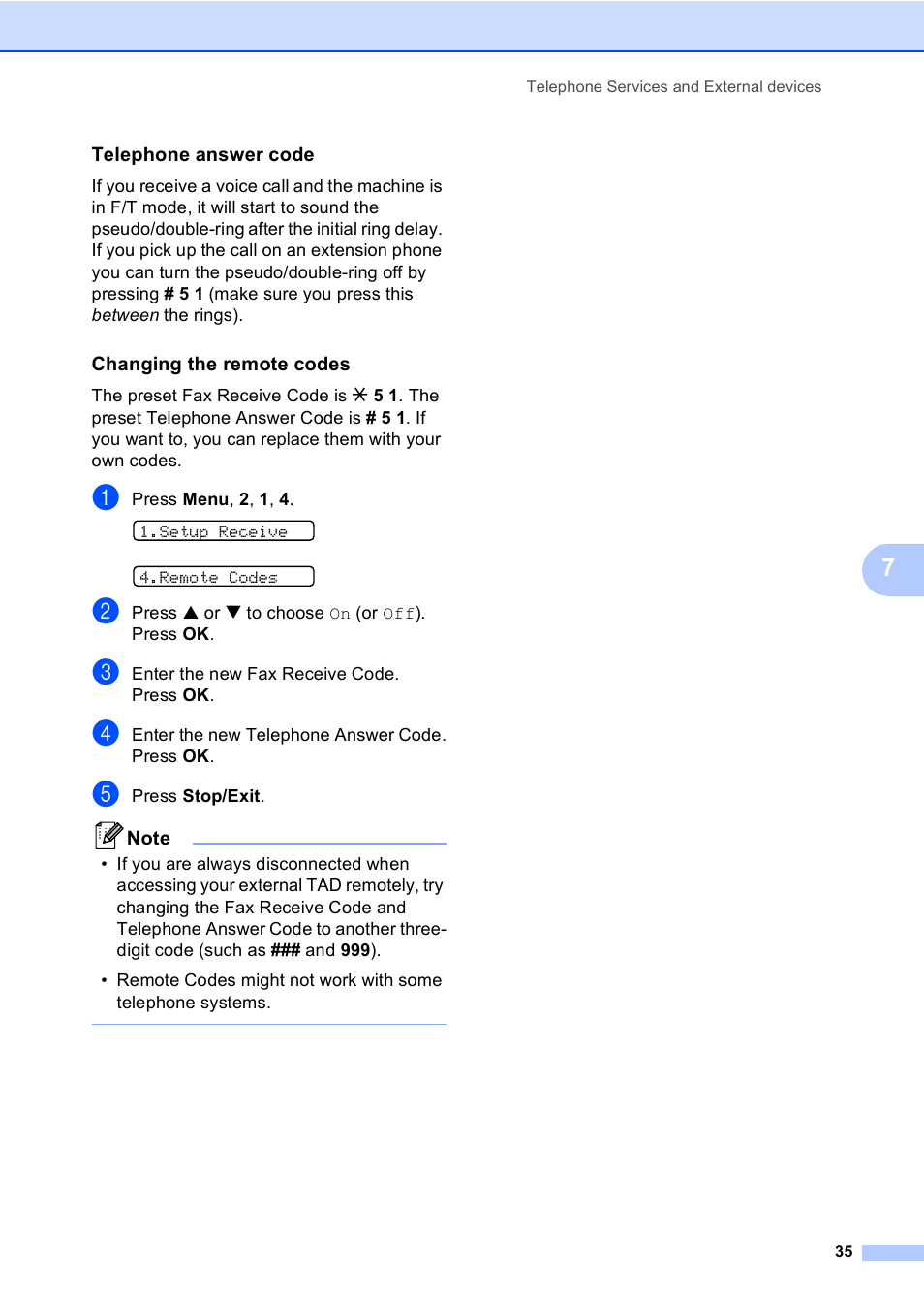 Telephone answer code, Changing the remote codes | Brother Fax 1360 User Manual | Page 49 / 118