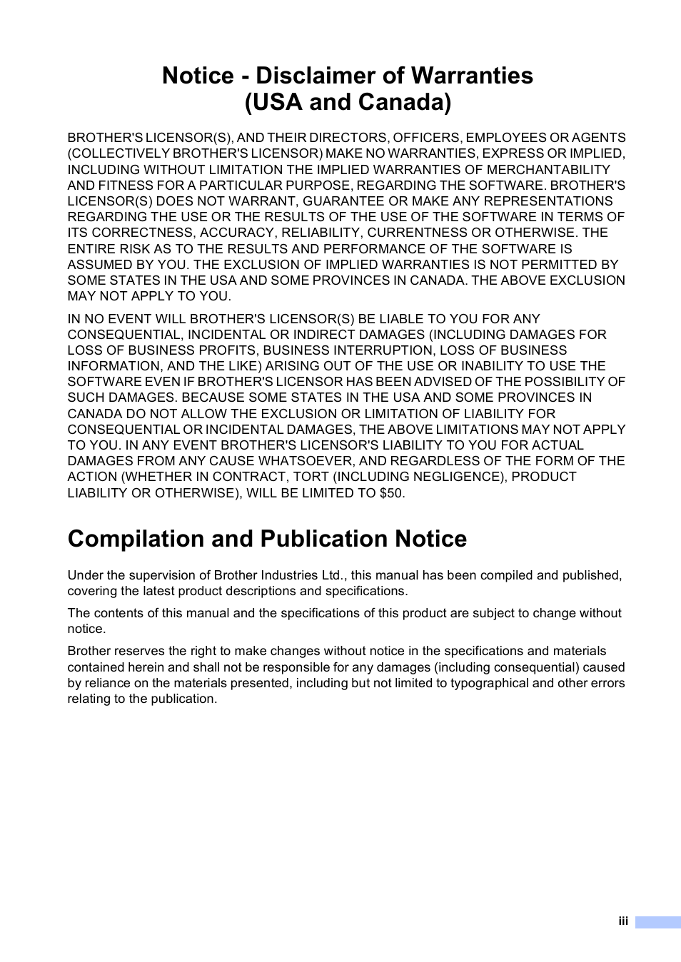 Notice - disclaimer of warranties (usa and canada), Compilation and publication notice | Brother Fax 1360 User Manual | Page 5 / 118