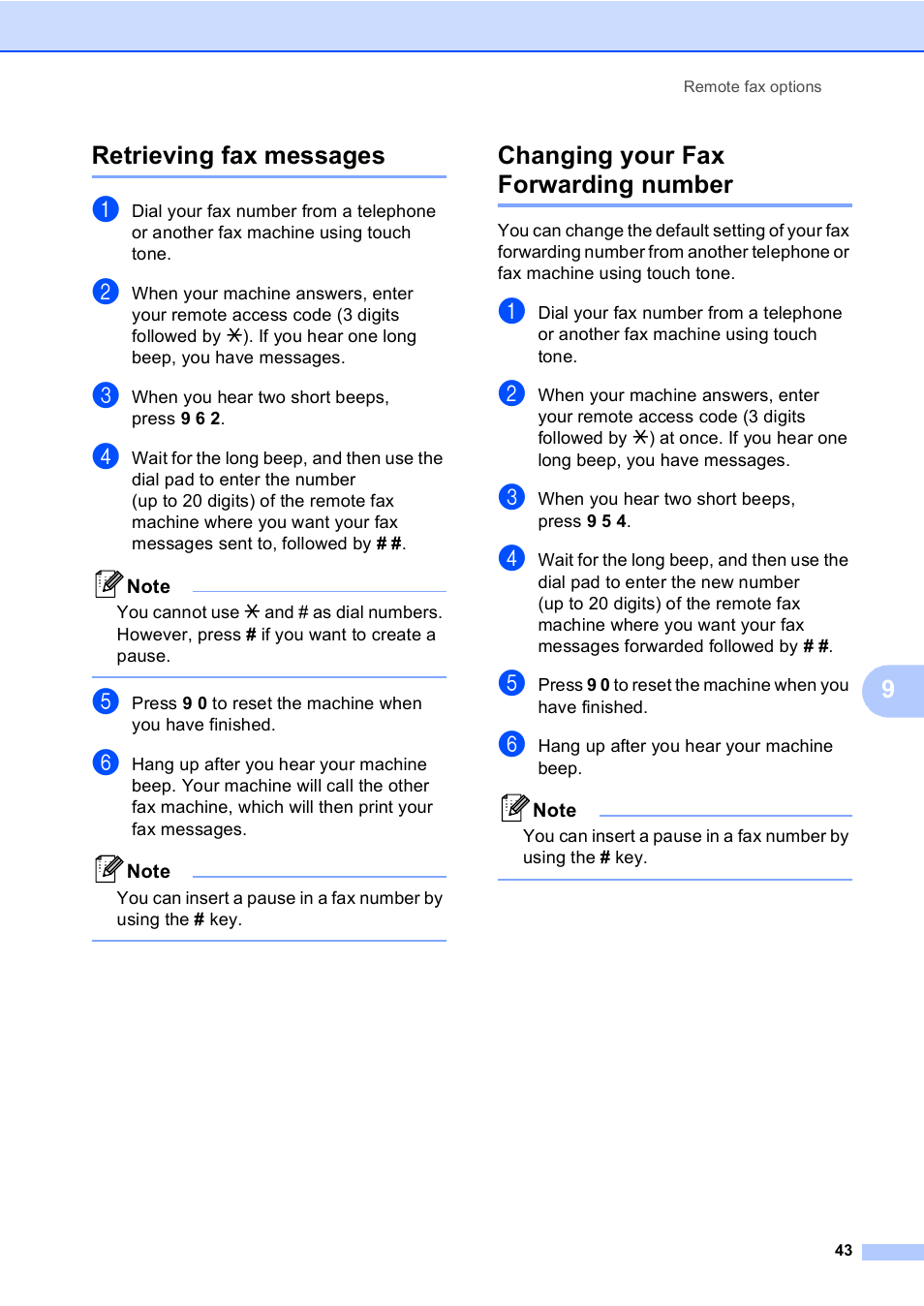 Retrieving fax messages, Changing your fax forwarding number, 9retrieving fax messages | Brother Fax 1360 User Manual | Page 57 / 118