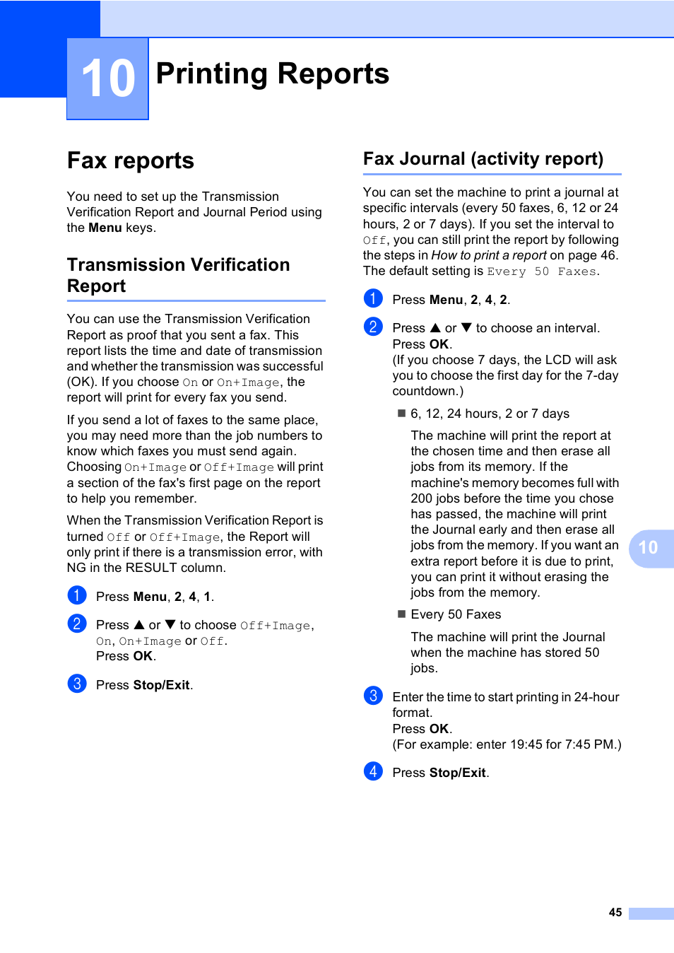 10 printing reports, Fax reports, Transmission verification report | Fax journal (activity report), Printing reports | Brother Fax 1360 User Manual | Page 59 / 118