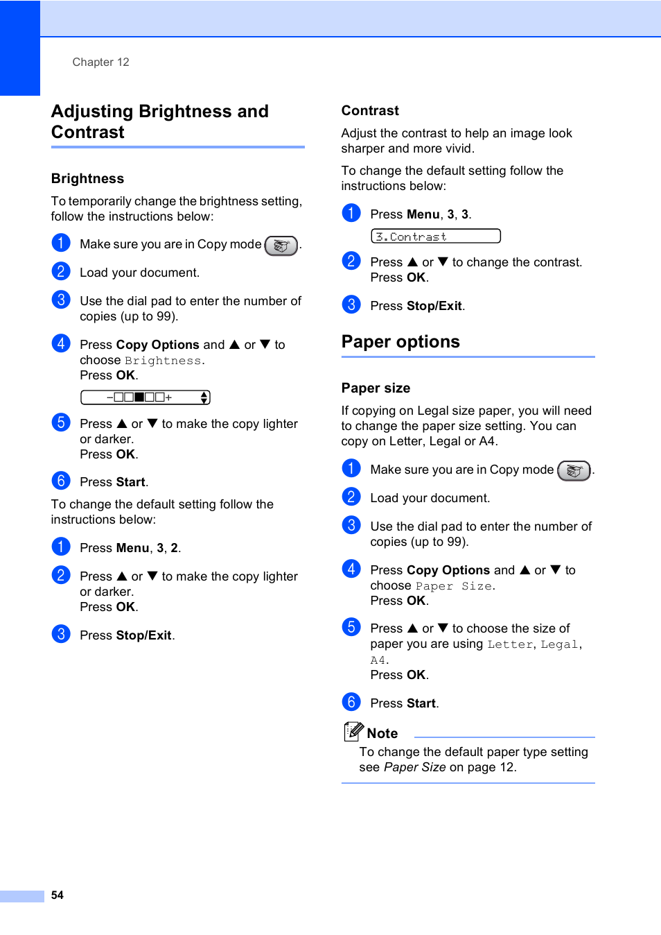 Adjusting brightness and contrast, Brightness, Contrast | Paper options, Paper size, Adjusting brightness and contrast paper options | Brother Fax 1360 User Manual | Page 68 / 118