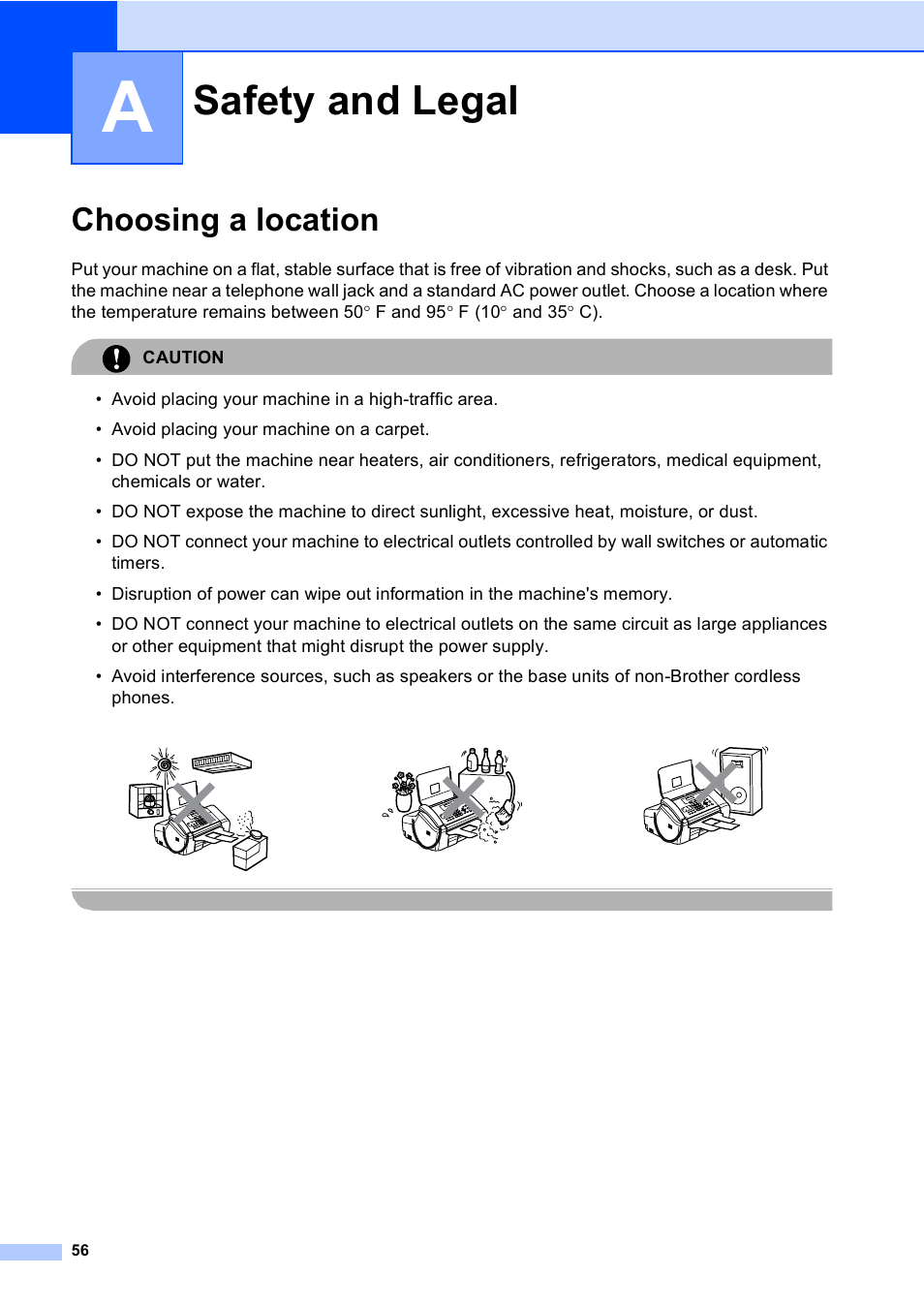 A safety and legal, Choosing a location, Safety and legal | Brother Fax 1360 User Manual | Page 70 / 118