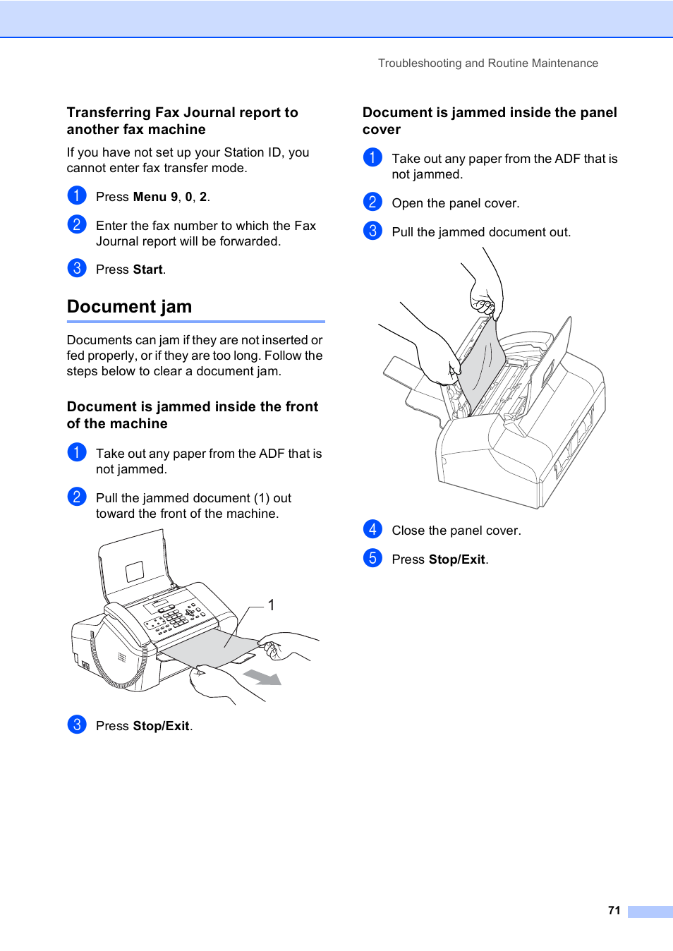 Document jam, Document is jammed inside the front of the machine, Document is jammed inside the panel cover | Brother Fax 1360 User Manual | Page 85 / 118