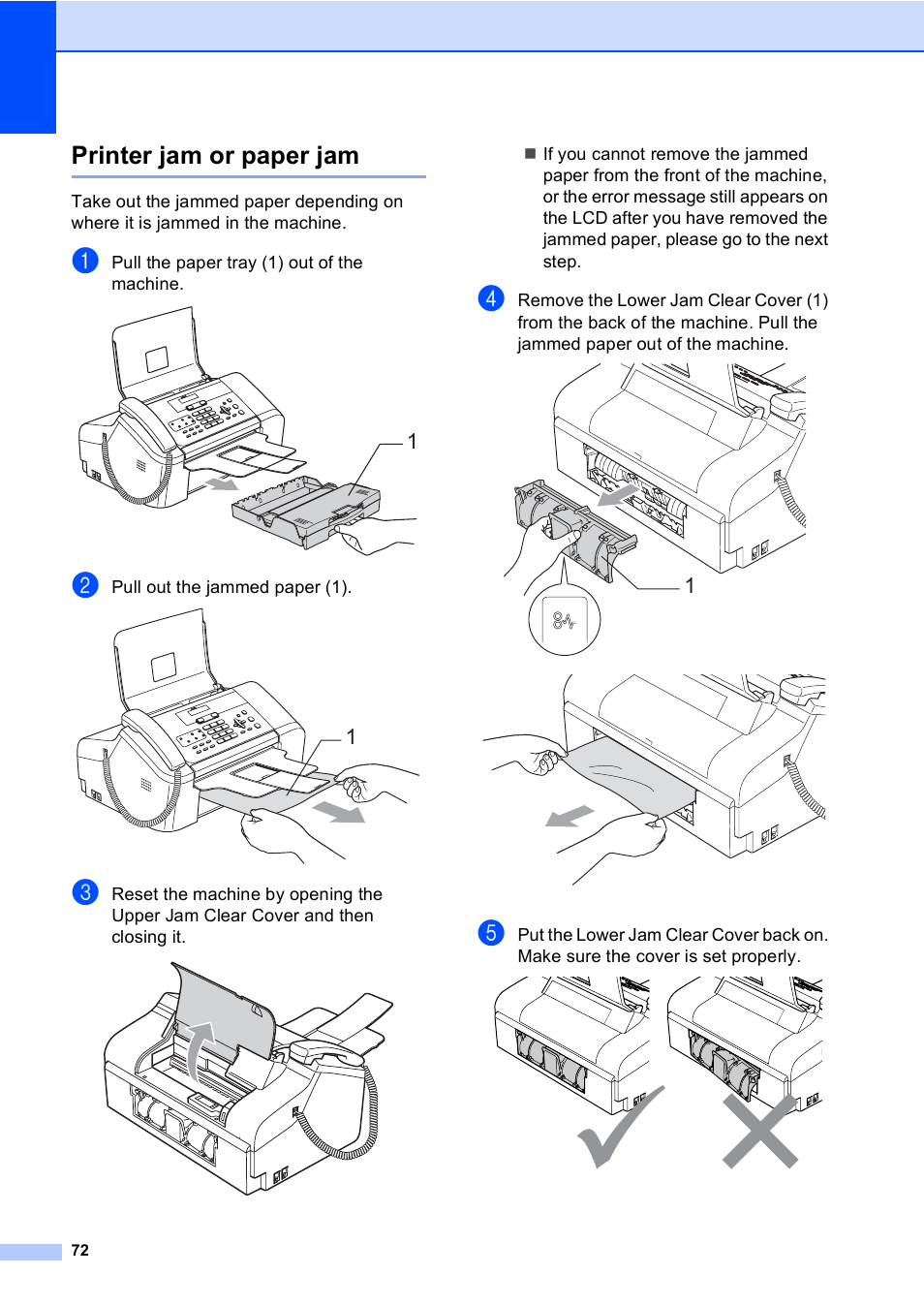 Printer jam or paper jam | Brother Fax 1360 User Manual | Page 86 / 118