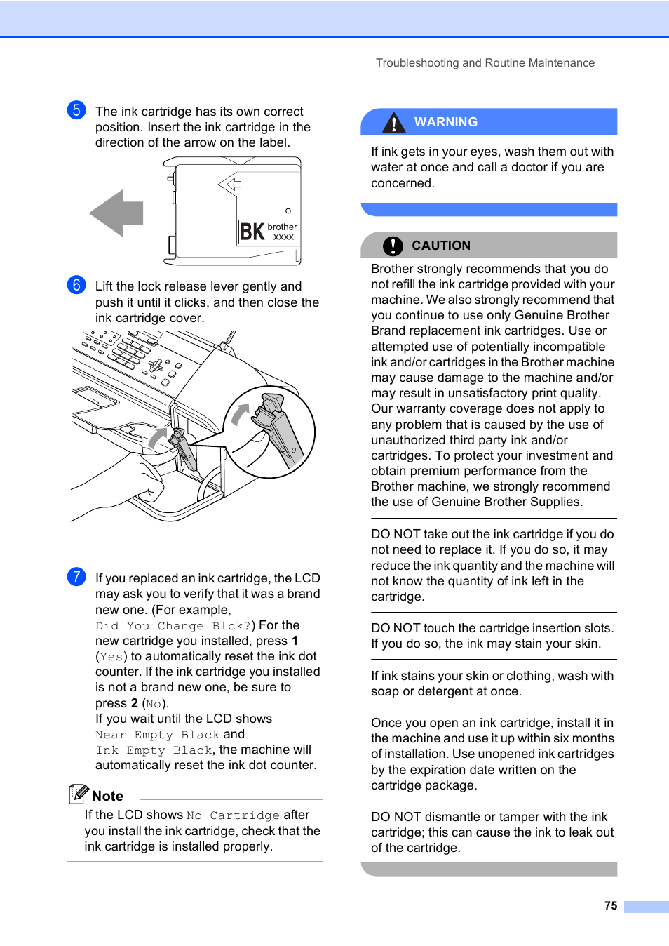Warning, Caution, Troubleshooting and routine maintenance 75 | Brother Fax 1360 User Manual | Page 89 / 118