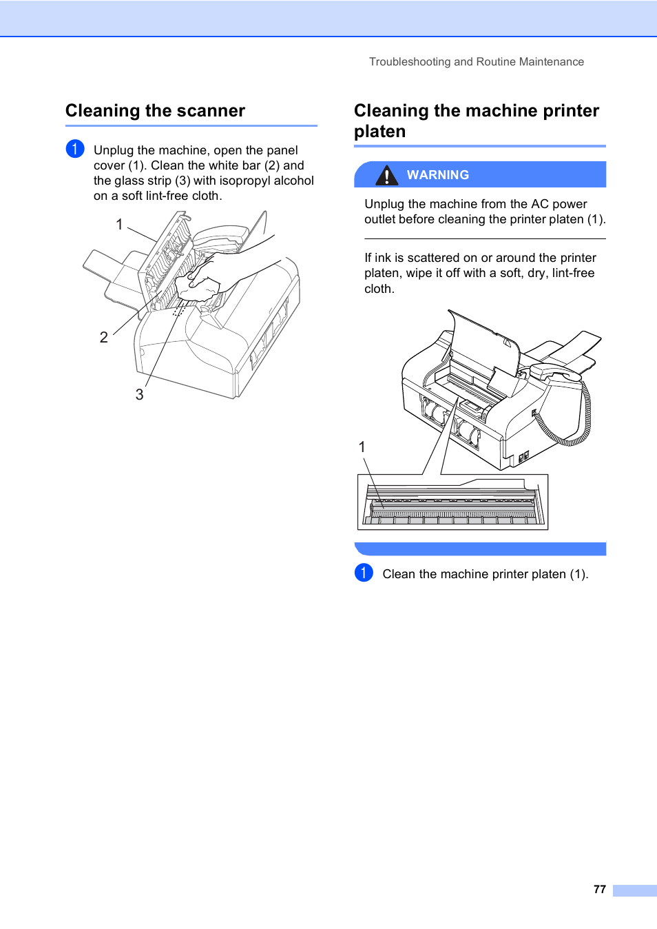 Cleaning the scanner, Cleaning the machine printer platen | Brother Fax 1360 User Manual | Page 91 / 118