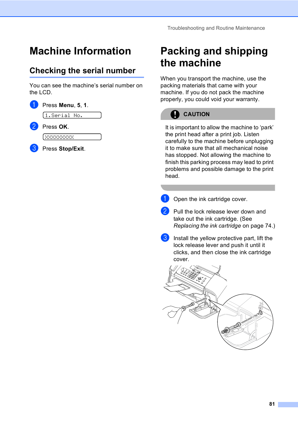 Machine information, Checking the serial number, Packing and shipping the machine | Brother Fax 1360 User Manual | Page 95 / 118