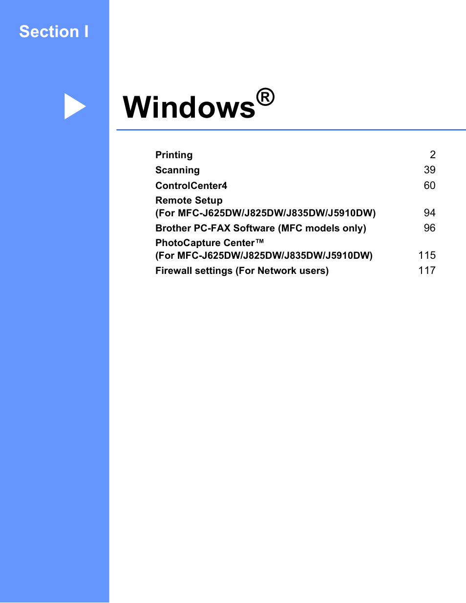 Windows, Section i windows | Brother MFC-J825DW User Manual | Page 10 / 248