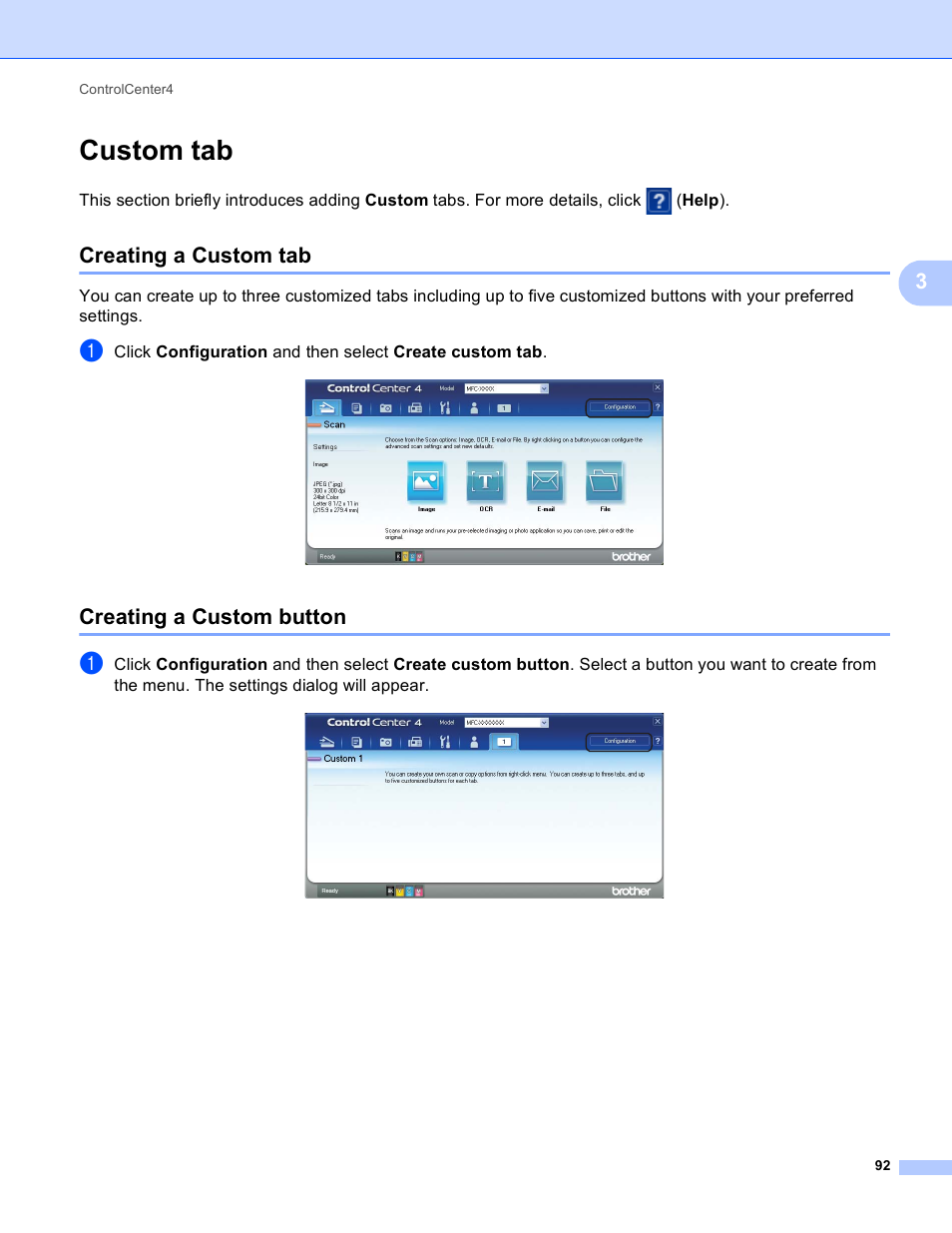 Custom tab, Creating a custom tab, Creating a custom button | Creating a custom tab creating a custom button | Brother MFC-J825DW User Manual | Page 101 / 248