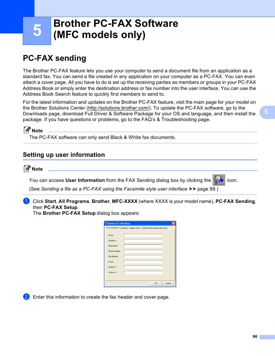 5 brother pc-fax software (mfc models only), Pc-fax sending, Setting up user information | Brother pc-fax software (mfc models only) | Brother MFC-J825DW User Manual | Page 105 / 248