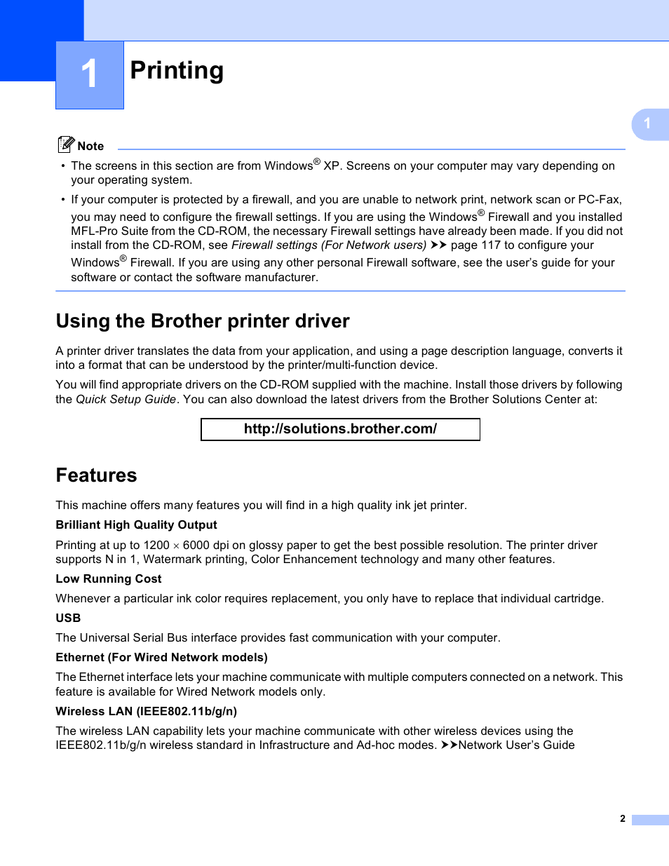 1 printing, Using the brother printer driver, Features | Printing, Using the brother printer driver features | Brother MFC-J825DW User Manual | Page 11 / 248