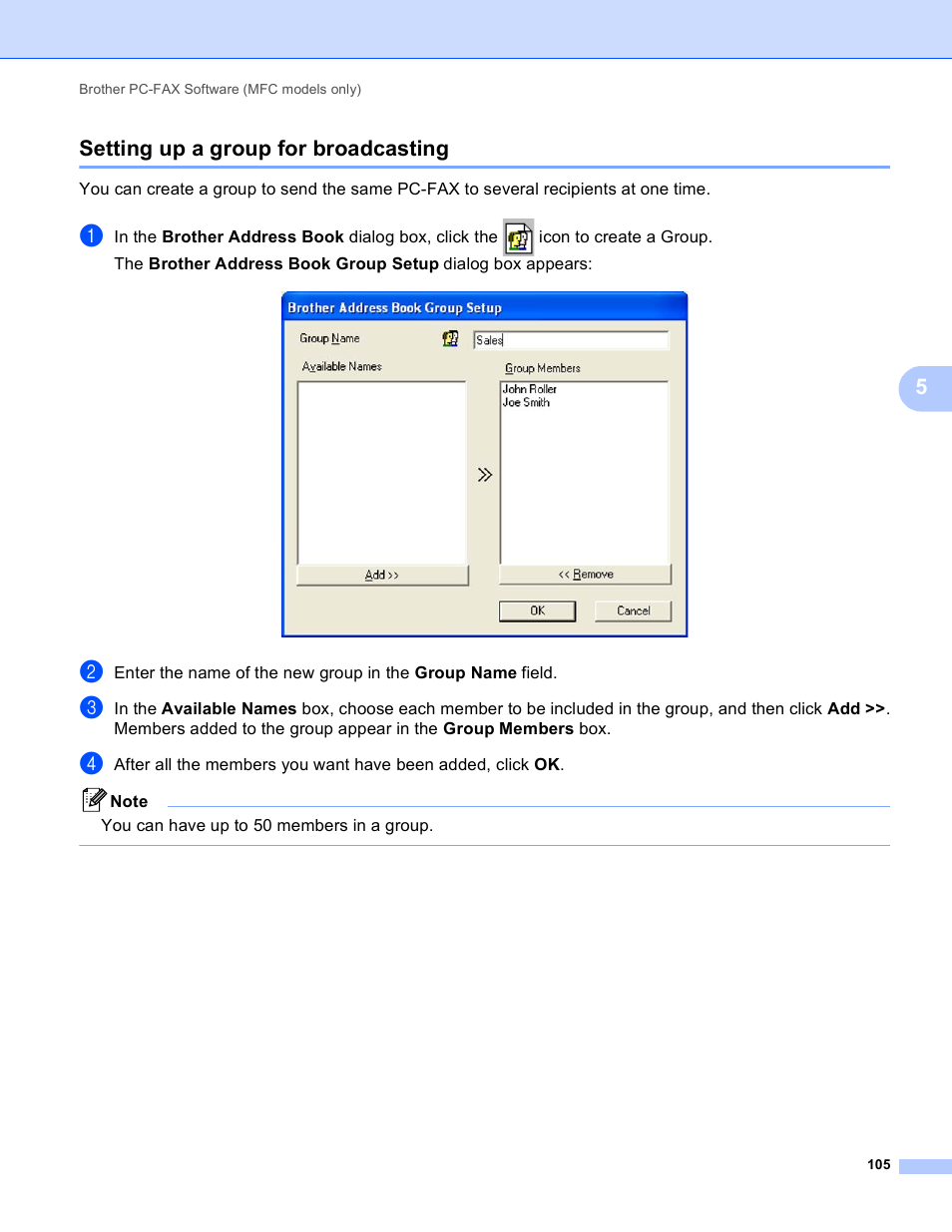Setting up a group for broadcasting, 5setting up a group for broadcasting | Brother MFC-J825DW User Manual | Page 114 / 248
