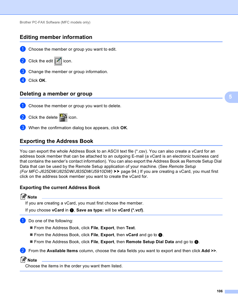 Editing member information, Deleting a member or group, Exporting the address book | Exporting the current address book, 5editing member information | Brother MFC-J825DW User Manual | Page 115 / 248