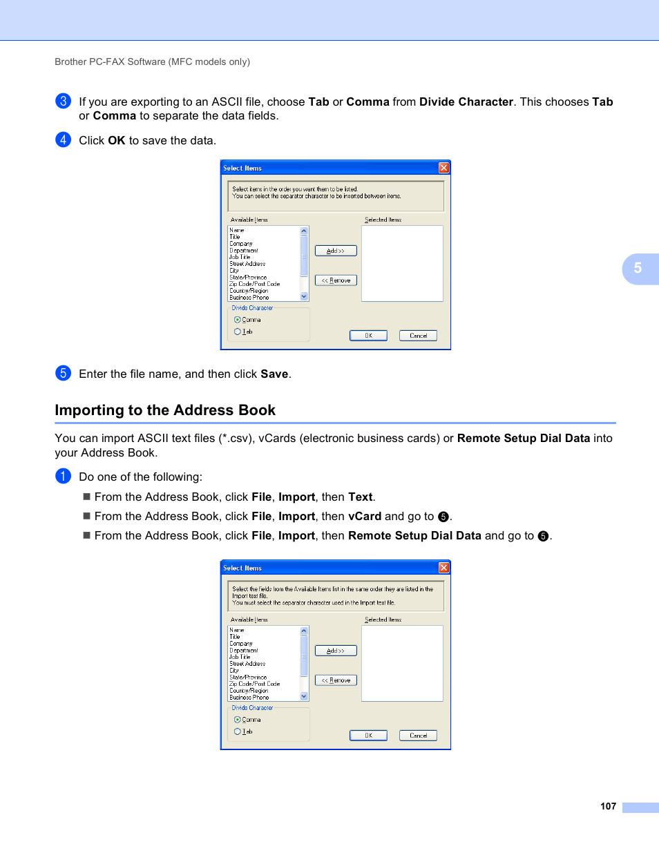 Importing to the address book | Brother MFC-J825DW User Manual | Page 116 / 248