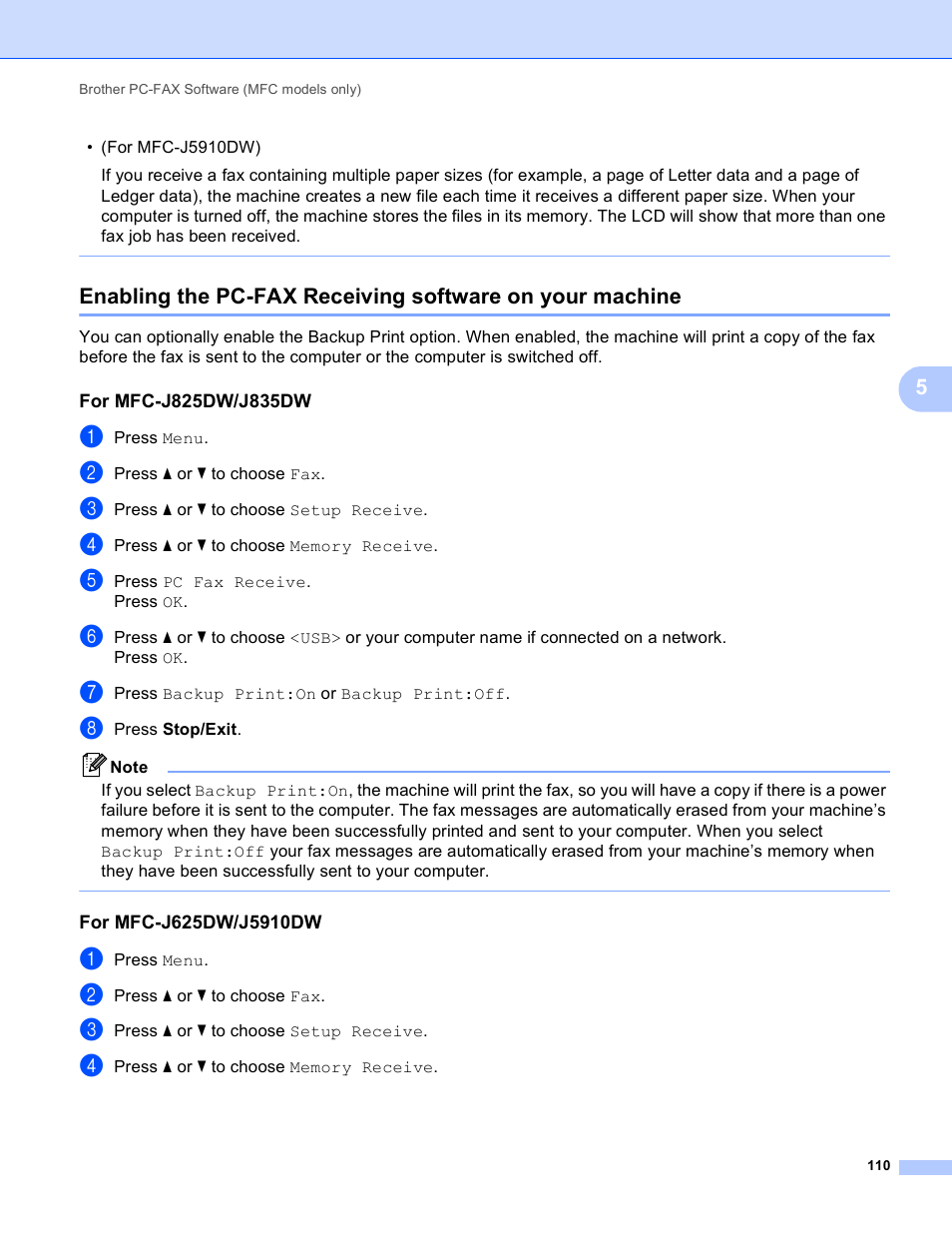 For mfc-j825dw/j835dw, For mfc-j625dw/j5910dw | Brother MFC-J825DW User Manual | Page 119 / 248
