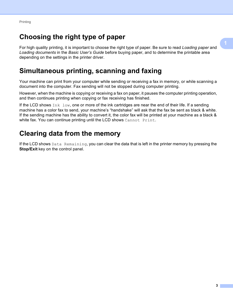 Choosing the right type of paper, Simultaneous printing, scanning and faxing, Clearing data from the memory | Brother MFC-J825DW User Manual | Page 12 / 248