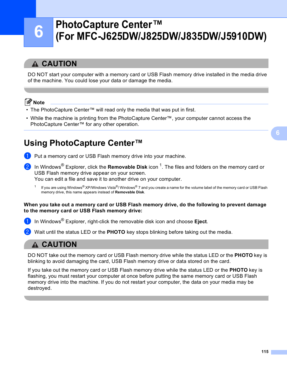 Using photocapture center, Caution | Brother MFC-J825DW User Manual | Page 124 / 248