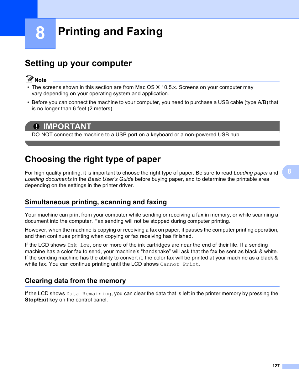 8 printing and faxing, Setting up your computer, Choosing the right type of paper | Simultaneous printing, scanning and faxing, Clearing data from the memory, Printing and faxing, Important | Brother MFC-J825DW User Manual | Page 136 / 248