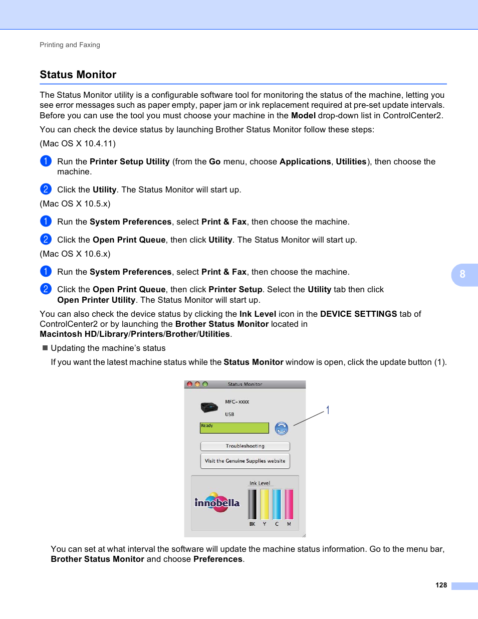 Status monitor, 8status monitor | Brother MFC-J825DW User Manual | Page 137 / 248