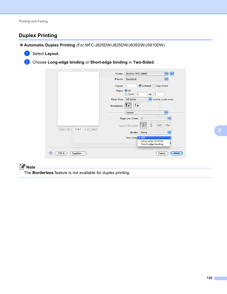 Duplex printing, 8duplex printing | Brother MFC-J825DW User Manual | Page 141 / 248