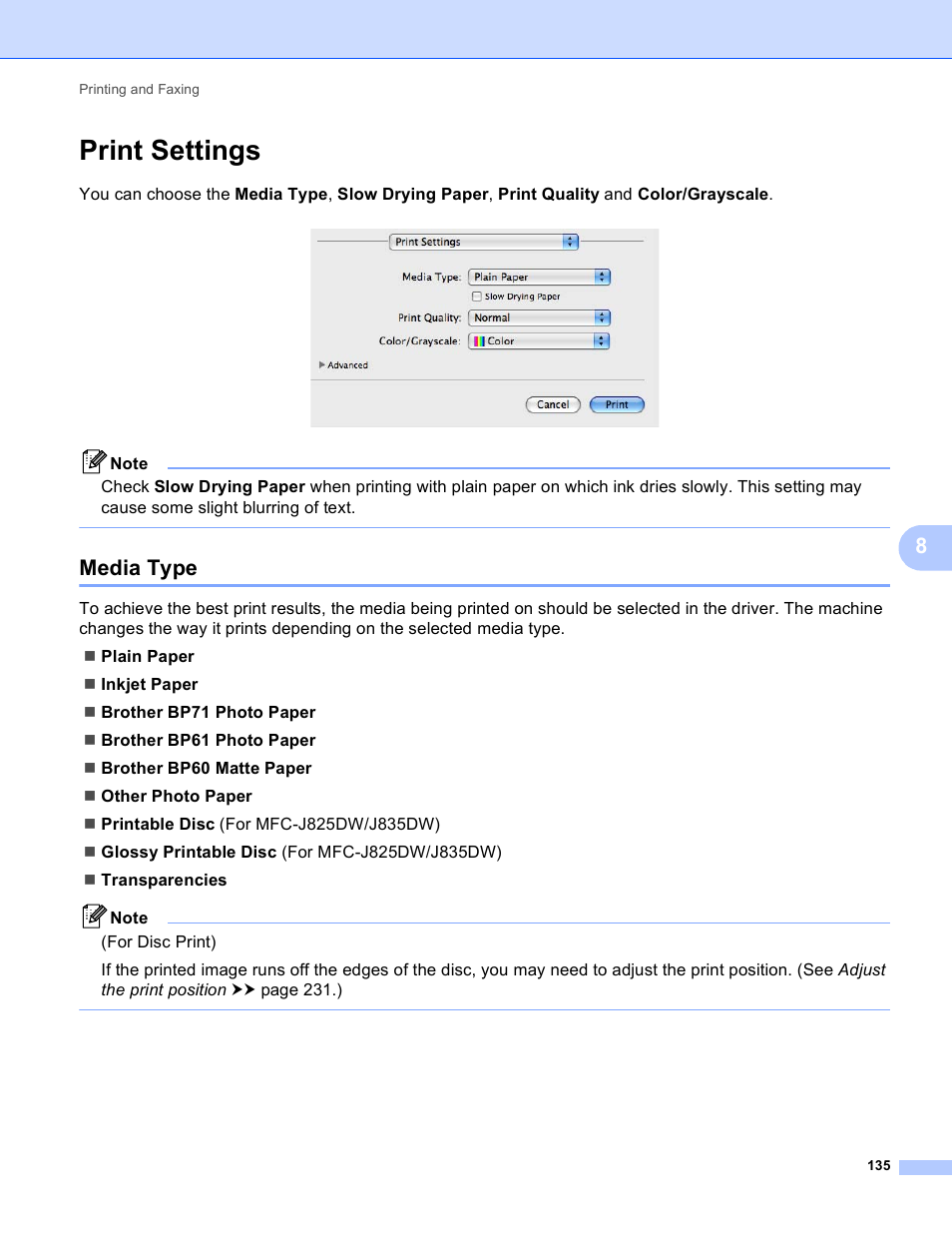 Print settings, Media type | Brother MFC-J825DW User Manual | Page 144 / 248