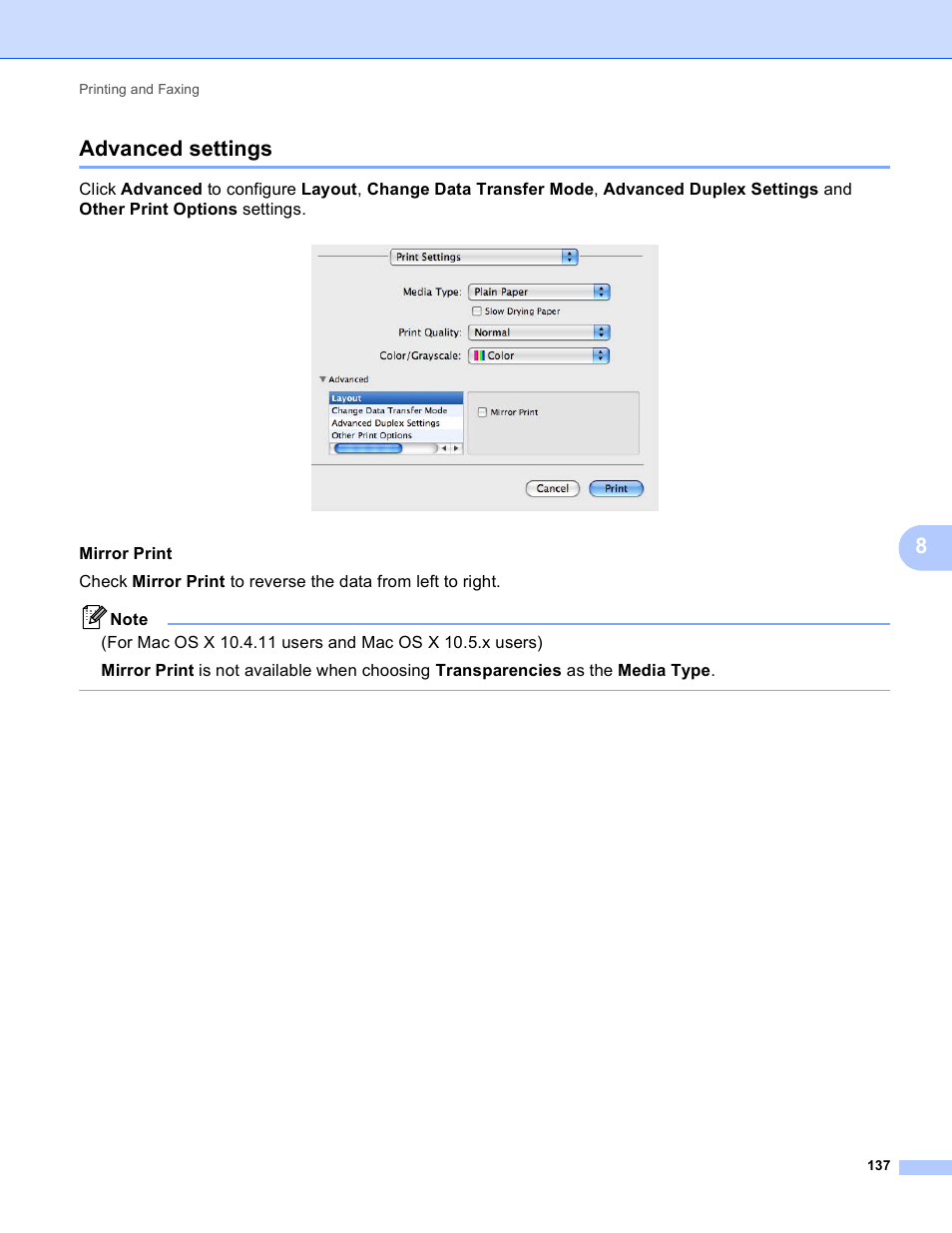 Advanced settings, 8advanced settings, Mirror print | Brother MFC-J825DW User Manual | Page 146 / 248