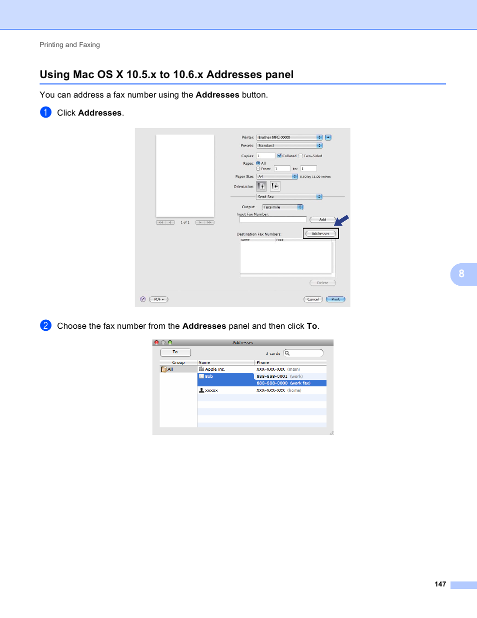 Using mac os x 10.5.x to 10.6.x addresses panel | Brother MFC-J825DW User Manual | Page 156 / 248