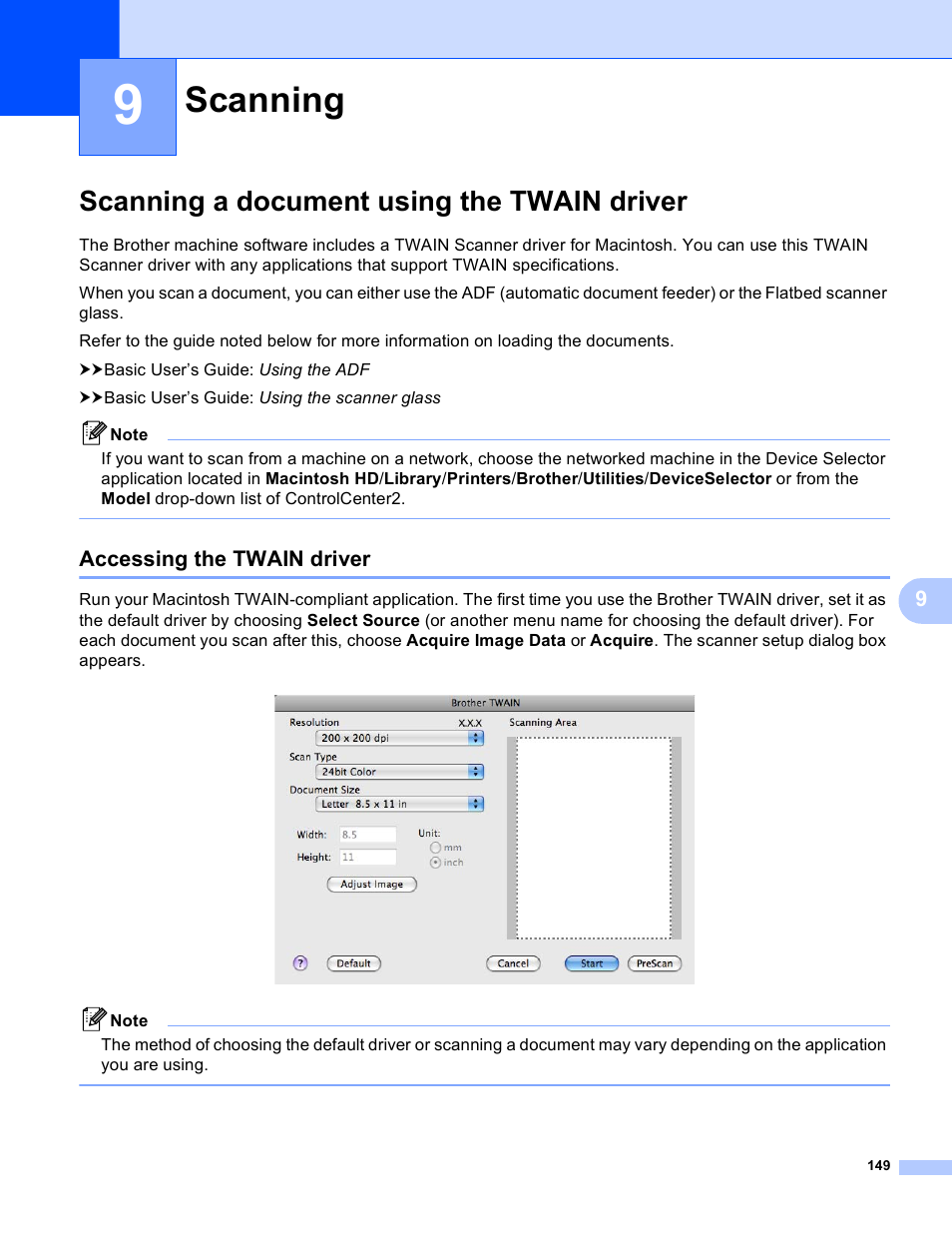 9 scanning, Scanning a document using the twain driver, Accessing the twain driver | Scanning | Brother MFC-J825DW User Manual | Page 158 / 248