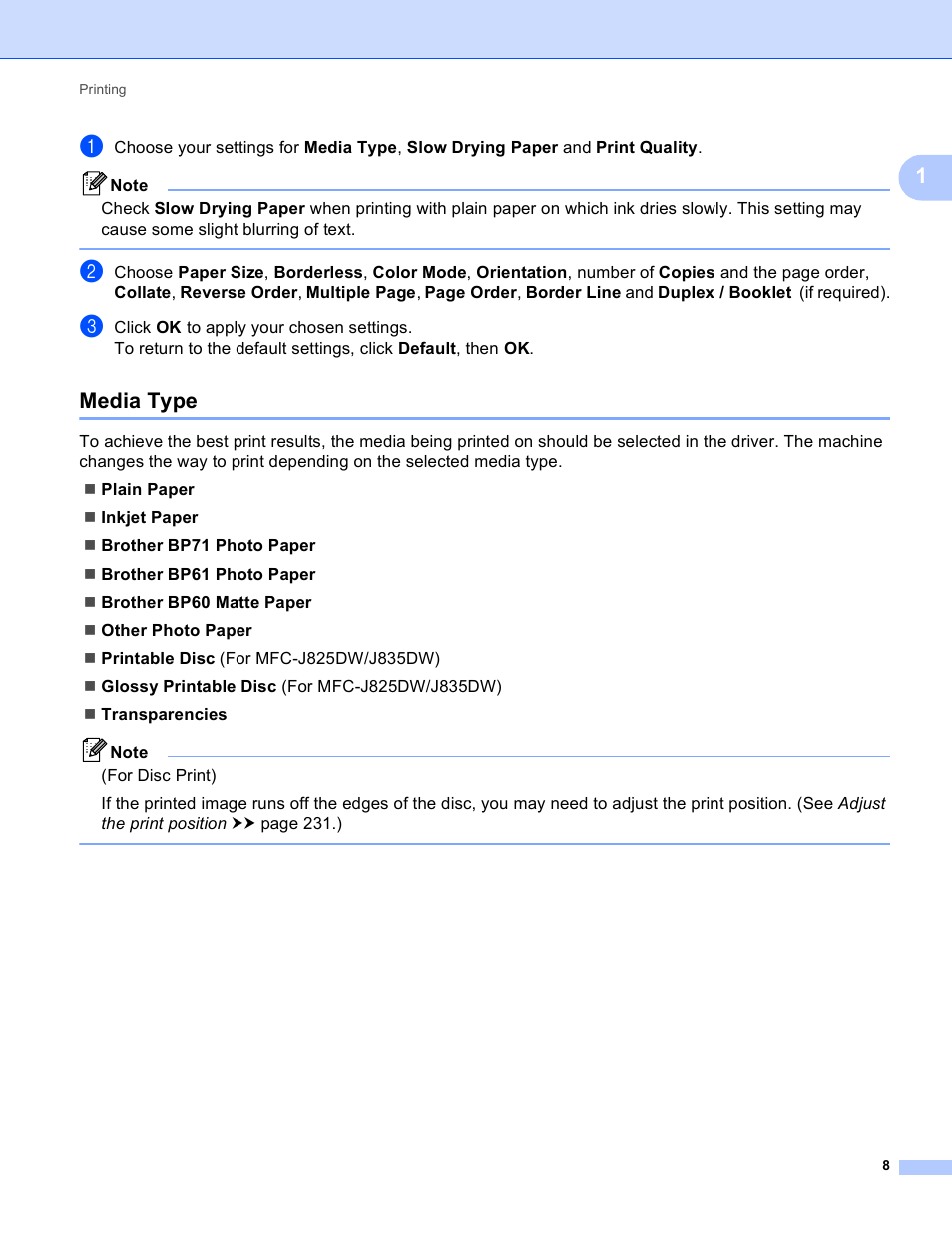 Media type | Brother MFC-J825DW User Manual | Page 17 / 248