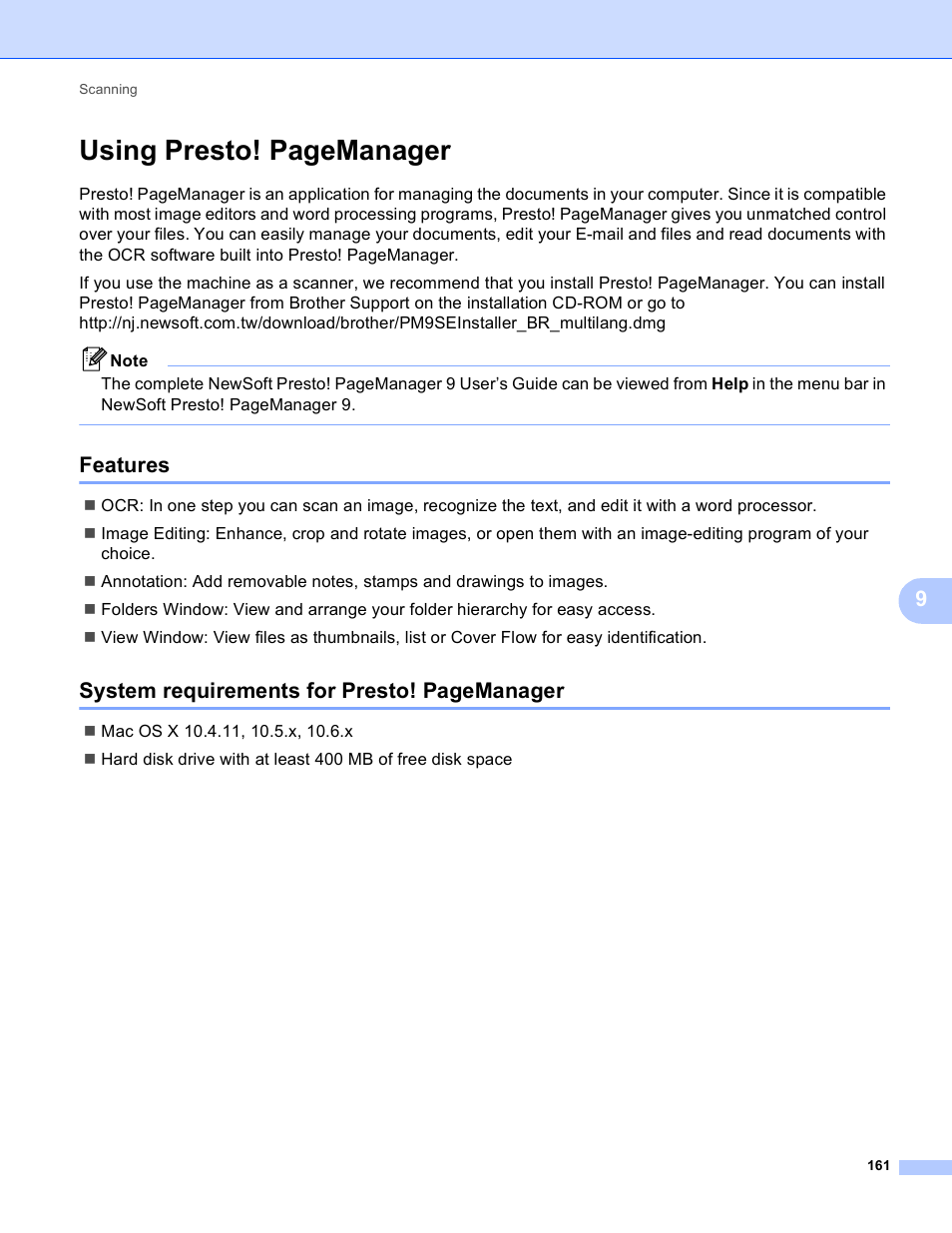 Features, Using presto! pagemanager, System requirements for presto! pagemanager | Brother MFC-J825DW User Manual | Page 170 / 248