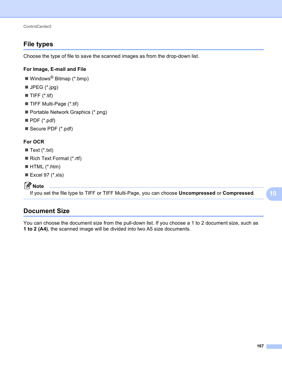 File types, Document size, File types document size | 10 file types | Brother MFC-J825DW User Manual | Page 176 / 248