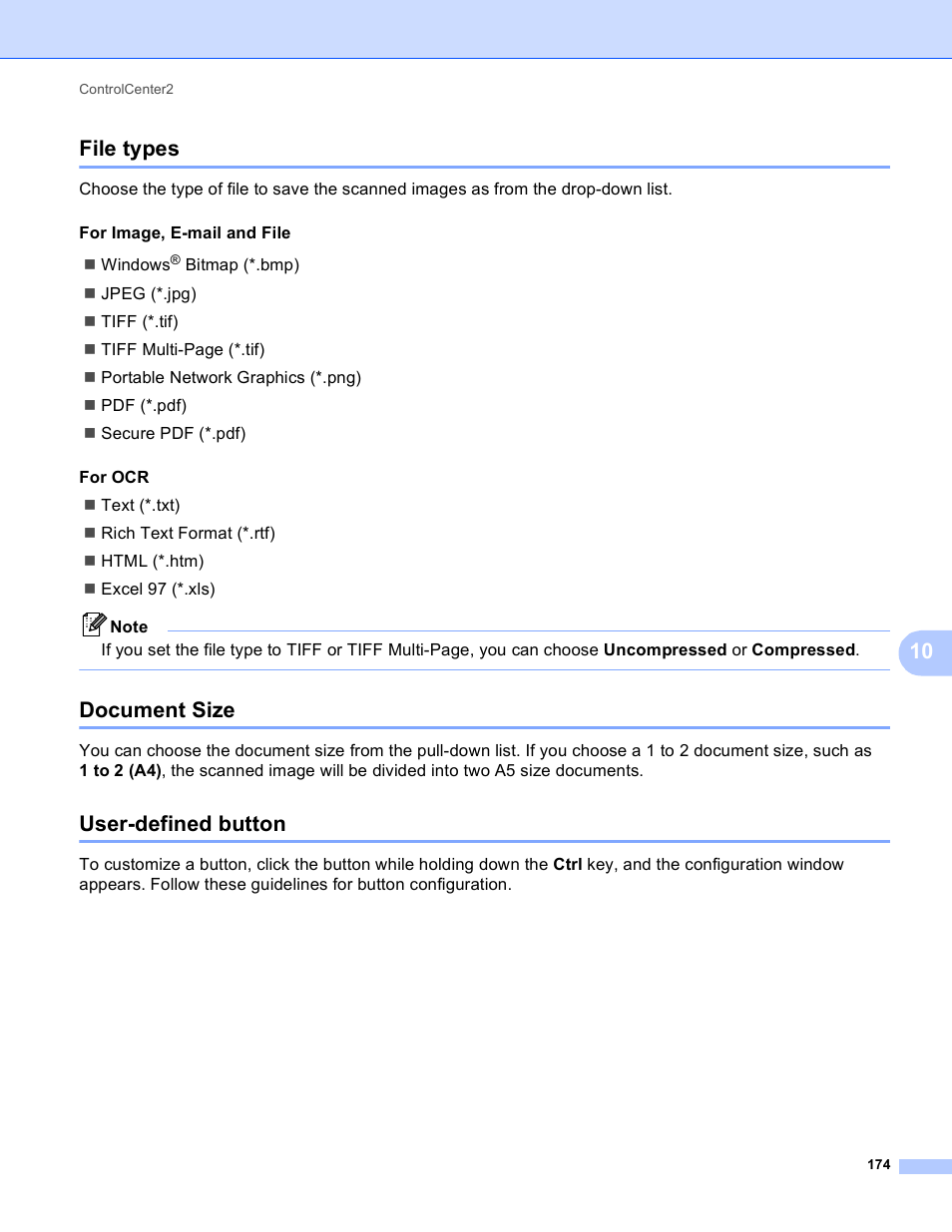 File types, Document size, User-defined button | File types document size user-defined button, 10 file types | Brother MFC-J825DW User Manual | Page 183 / 248