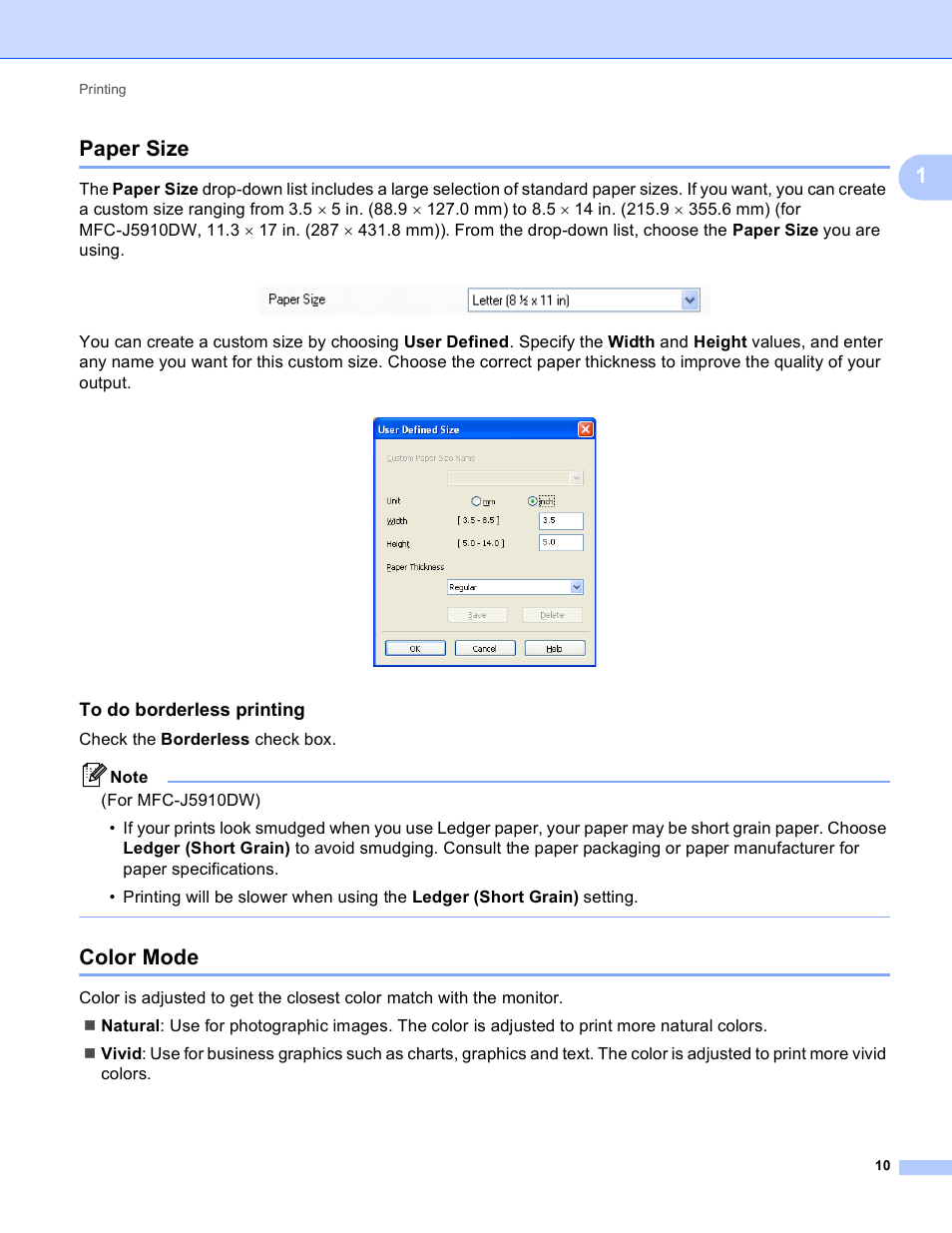 Paper size, To do borderless printing, Color mode | Paper size color mode, 1paper size | Brother MFC-J825DW User Manual | Page 19 / 248